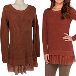 LOGO by Lori Goldstein Waffle Knit Cashmere Blend Tulle Trim Sweater Dress Sz XS